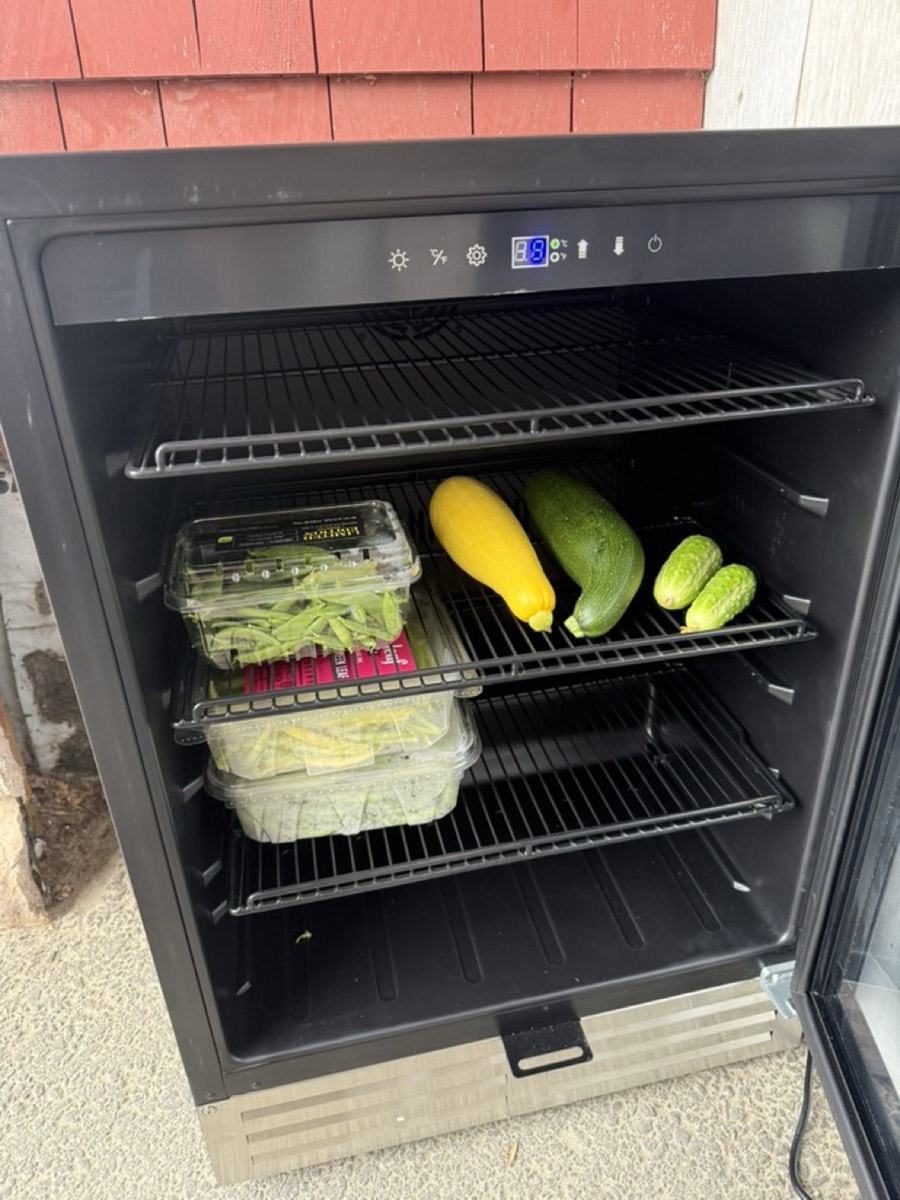 The garden's community fridge, stocked with fresh produce and showing its temperature
